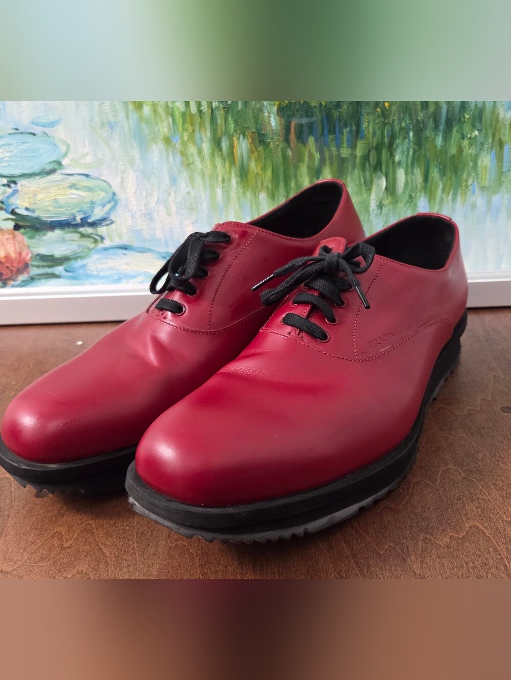 Auth Prada Men’s Red Leather Lace-Up Shoes Size 8.5